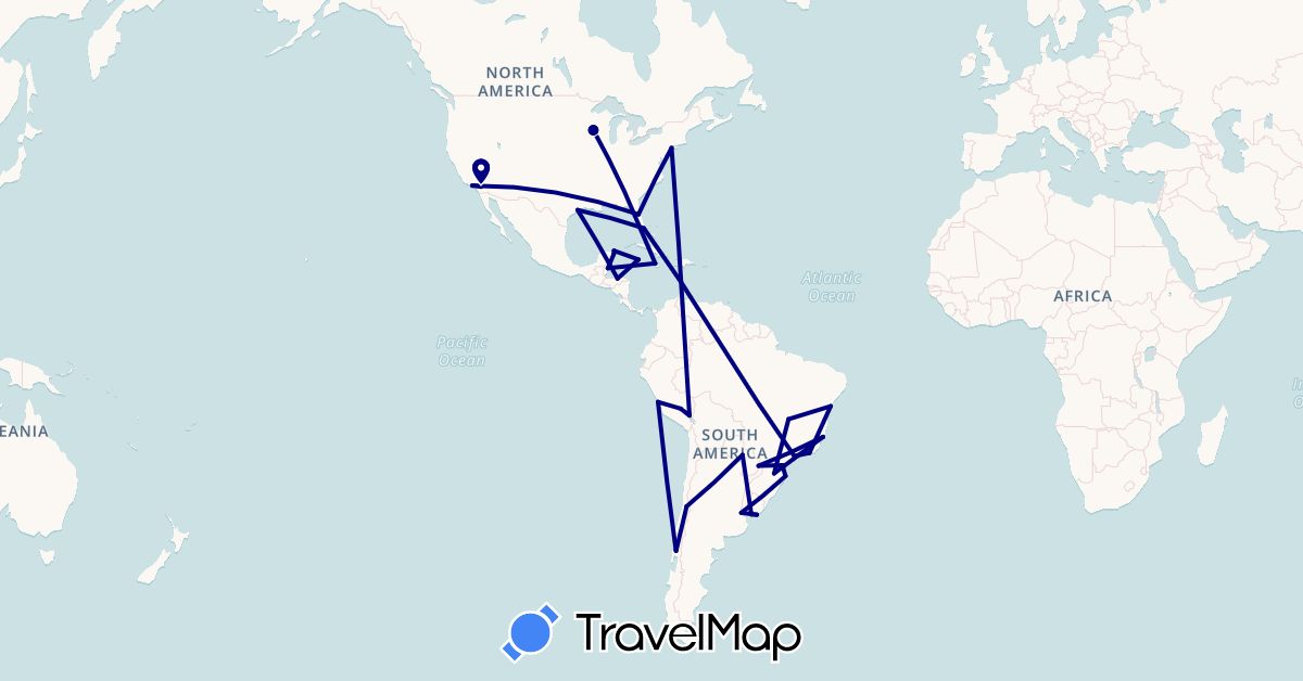 TravelMap itinerary: driving in Argentina, Brazil, Belize, Chile, Honduras, Jamaica, Cayman Islands, Mexico, Peru, Paraguay, United States, Uruguay (North America, South America)